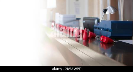The hotel receptionist with red keys on sun light. Selective focus Stock Photo