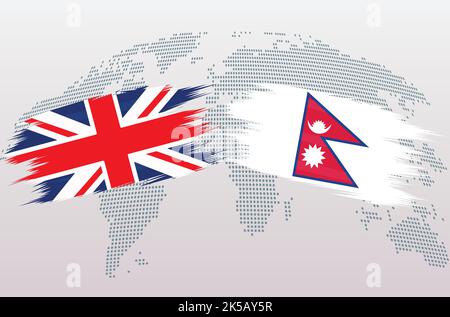 UK Great Britain and Nepal flags. The United Kingdom VS Nepal flags, isolated on grey world map background. Vector illustration. Stock Vector