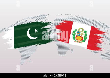 Pakistan VS PERU flags. Islamic Republic of Pakistan VS PERU flags, isolated on grey world map background. Vector illustration. Stock Vector