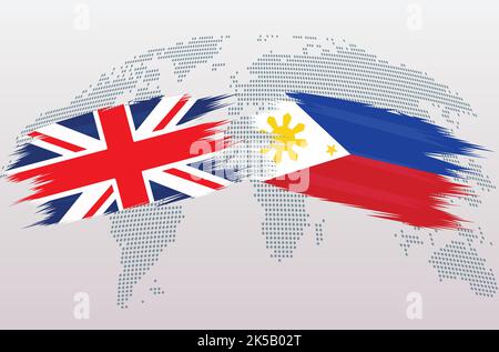 UK Great Britain and Philippines flags. The United Kingdom vs Philippines flags, isolated on grey world map background. Vector illustration. Stock Vector