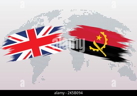 UK Great Britain and Angola flags. The United Kingdom VS Angola flags, isolated on grey world map background. Vector illustration. Stock Vector