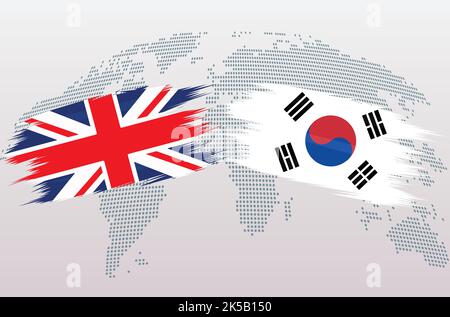 UK Great Britain and South Korea flags. The United Kingdom vs South Korea flags, isolated on grey world map background. Vector illustration. Stock Vector