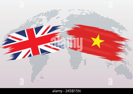 UK Great Britain and Vietnam flags. The United Kingdom VS Vietnam flags, isolated on grey world map background. Vector illustration. Stock Vector