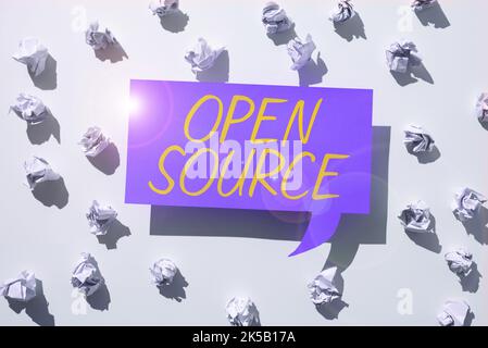 Conceptual caption Open Source. Word for contains the source code that can be modified and enhanced Stock Photo