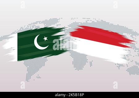 Pakistan VS Indonesia flags. Islamic Republic of Pakistan VS Indonesian flags, isolated on grey world map background. Vector illustration. Stock Vector