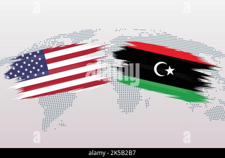 USA VS Libya flags. The United States of America VS Libya flags, isolated on grey world map background. Vector illustration. Stock Vector