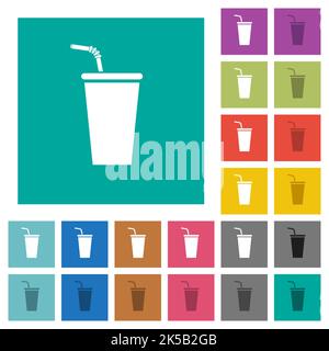 Disposable drinking cup with straw solid multi colored flat icons on plain square backgrounds. Included white and darker icon variations for hover or Stock Vector