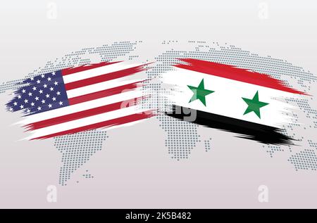 USA VS Syria flags. The United States of America VS Syria flags, isolated on grey world map background. Vector illustration. Stock Vector