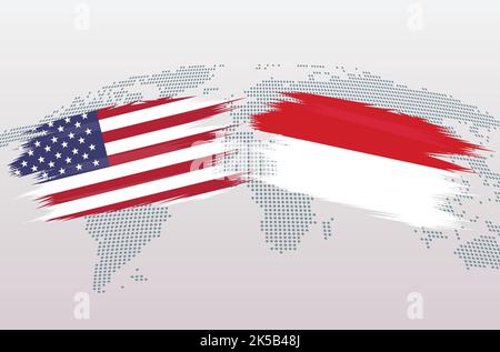 USA VS Indonesia flags. The United States of America VS Indonesia flags, isolated on grey world map background. Vector illustration. Stock Vector