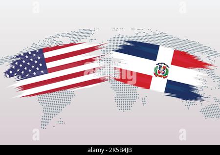 USA VS Dominican Republic flags. The United States of America VS Dominican Republic flags, isolated on grey world map background. Vector illustration. Stock Vector