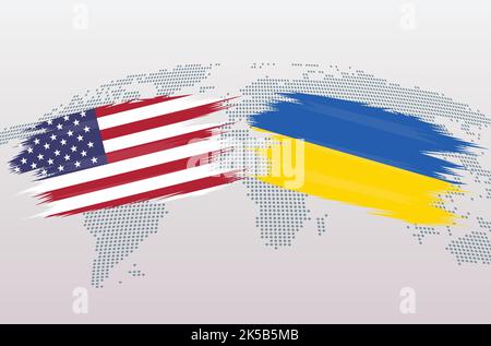 USA VS Ukraine flags. The United States of America VS Ukraine flags, isolated on grey world map background. Vector illustration. Stock Vector