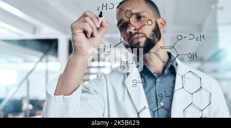 Science, research and formula with a man engineer working and writing on glass in a laboratory. Innovation, analytics and future with a male scientist Stock Photo
