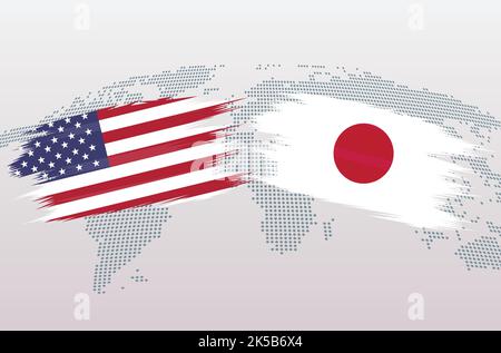 USA VS Japan flags. The United States of America VS Japanese flags, isolated on grey world map background. Vector illustration. Stock Vector