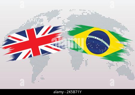 UK Great Britain and Brazil flags. The United Kingdom VS Brazil flags, isolated on grey world map background. Vector illustration. Stock Vector