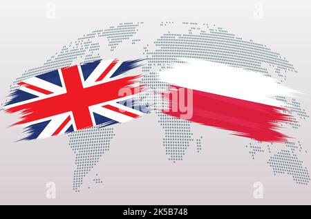 UK Great Britain and Poland flags. The United Kingdom VS Poland flags, isolated on grey world map background. Vector illustration. Stock Vector