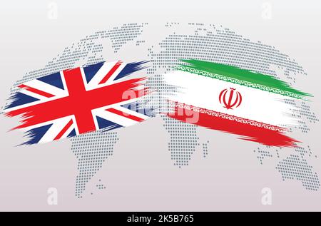 UK Great Britain and Iran flags. The United Kingdom VS Iran flags, isolated on grey world map background. Vector illustration. Stock Vector