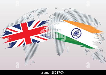 UK Great Britain and India flags. The United Kingdom VS Indian flags, isolated on grey world map background. Vector illustration. Stock Vector