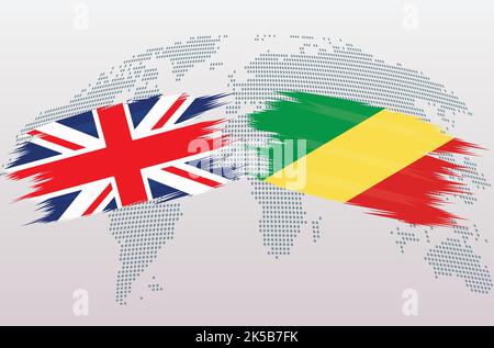 UK Great Britain and Republic of Congo flags. The United Kingdom vs Congo flags, isolated on grey world map background. Vector illustration. Stock Vector