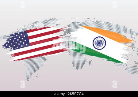 USA United States and Indian flags. The United States of America vs Indian flags, isolated on grey world map background. Vector illustration. Stock Vector