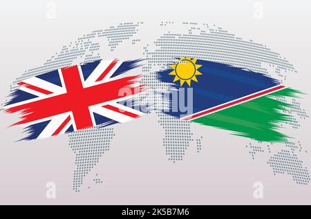 UK Great Britain and Namibia flags. The United Kingdom and Namibia flags, isolated on grey world map background. Vector illustration. Stock Vector