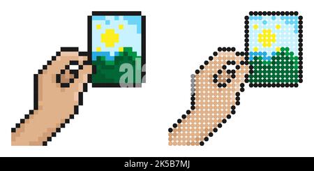 Pixel icon. Hand holds paper photograph. Memories of vacation or trip to nature. Printing photos. Simple retro game vector isolated on white backgroun Stock Vector