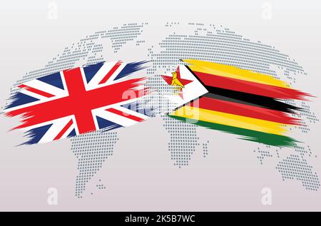 UK Great Britain and Zimbabwe flags. The United Kingdom and Zimbabwe flags, isolated on grey world map background. Vector illustration. Stock Vector