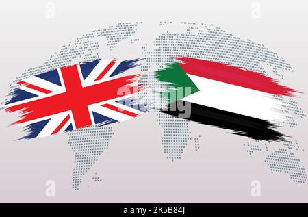 UK Great Britain and Sudan flags. The United Kingdom and Sudan flags, isolated on grey world map background. Vector illustration. Stock Vector