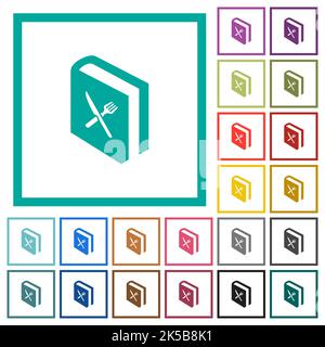 Cookbook with knife and fork flat color icons with quadrant frames on white background Stock Vector