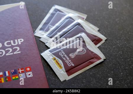 Minas Gerais, Brazil - September 07, 2022: Selective focus of stickers and Panini 2022 FIFA World Cup Qatar Official licensed sticker album Stock Photo