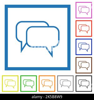 Two rounded square chat bubbles outline flat color icons in square frames on white background Stock Vector