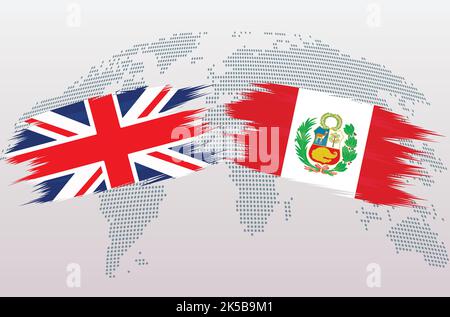 UK Great Britain and PERU flags. The United Kingdom and PERU flags, isolated on grey world map background. Vector illustration. Stock Vector