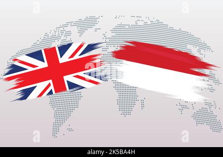 UK Great Britain and Indonesia flags. The United Kingdom and Indonesian flags, isolated on grey world map background. Vector illustration. Stock Vector