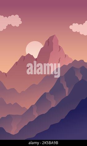 Vector landscape, sunset scene in nature with mountains and forest, silhouettes of trees and hills in the evening Stock Vector