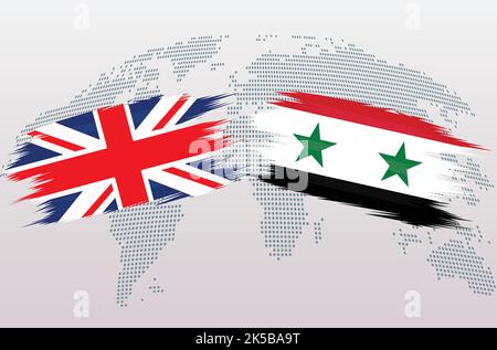 UK Great Britain and Syria flags. The United Kingdom and Syria flags, isolated on grey world map background. Vector illustration. Stock Vector