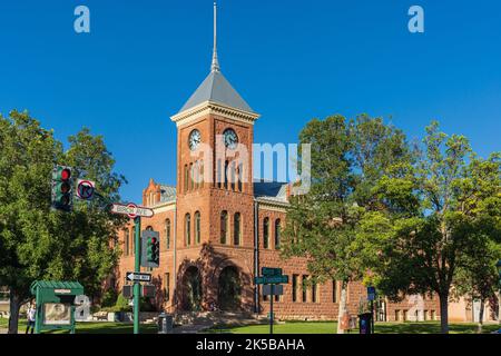 Flagstaff, Arizona USA- September 1, 2022: Coconino County Superior Court building. Old courthouse made with red stone. Stock Photo