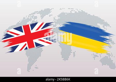 UK Great Britain and Ukraine flags. The United Kingdom and Ukraine, isolated on grey world map background. Vector illustration. Stock Vector