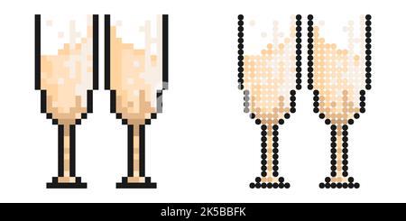 Pixel icon. Glasses with festive sparkling champagne. Cheers with glasses at New Year table. Simple retro game vector isolated on white background Stock Vector