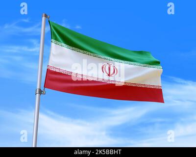 Beautiful Iran flag waving in the wind with sky background - 3D illustration - 3D render Stock Photo