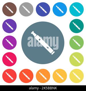 Electronic cigarette solid flat white icons on round color backgrounds. 17 background color variations are included. Stock Vector
