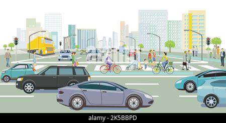 Cars on the road junction in traffic jam with pedestrian crossing ...