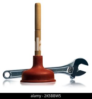 Close-up of a red rubber plunger with wooden handle and a modern stainless steel adjustable wrench, isolated on white background and reflections. Stock Photo