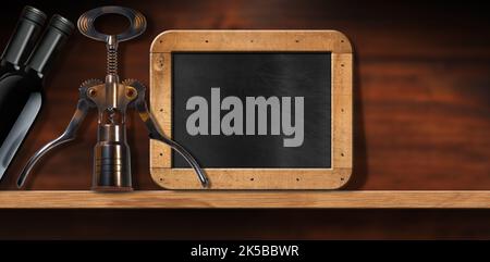 Close-up of two black bottles of wine and a corkscrew on a wooden table or shelf with empty blackboard with copy space. Photography, template. Stock Photo