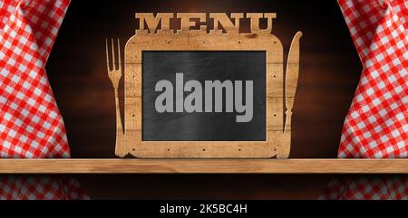 Empty blackboard with wooden frame and text Menu, fork and knife, on wooden table with checkered tablecloth. Template for recipes or food menu. Stock Photo