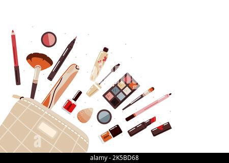 Open cosmetic pouch with makeup,beauty products on white background. Stock Vector