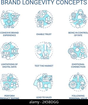Brand longevity and service quality turquoise concept icons set Stock Vector