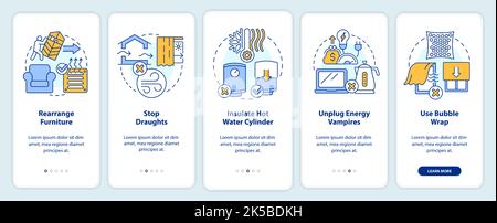 Lowering heating costs in winter tips onboarding mobile app screen Stock Vector