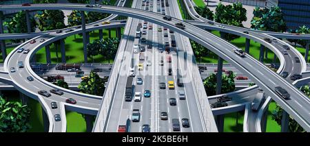 Highway intersection/ road interchange in the city with heavy traffic - 3D illustration Stock Photo