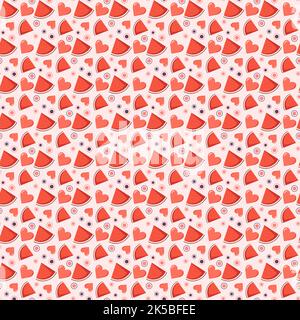 Cute seamless pattern with watermelon, circles and hearts. Festive bright print, valentine day or summer decoration for wrapping paper, textile and design. Vector flat illustration Stock Vector