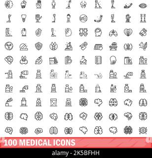 100 medical icons set. Outline illustration of 100 medical icons vector set isolated on white background Stock Vector