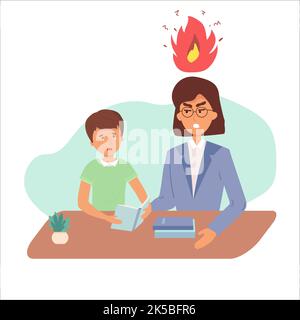 Education concept female teacher feeling angry to naughty schoolboy while standing. vector flat screaming at a child. Stock Vector